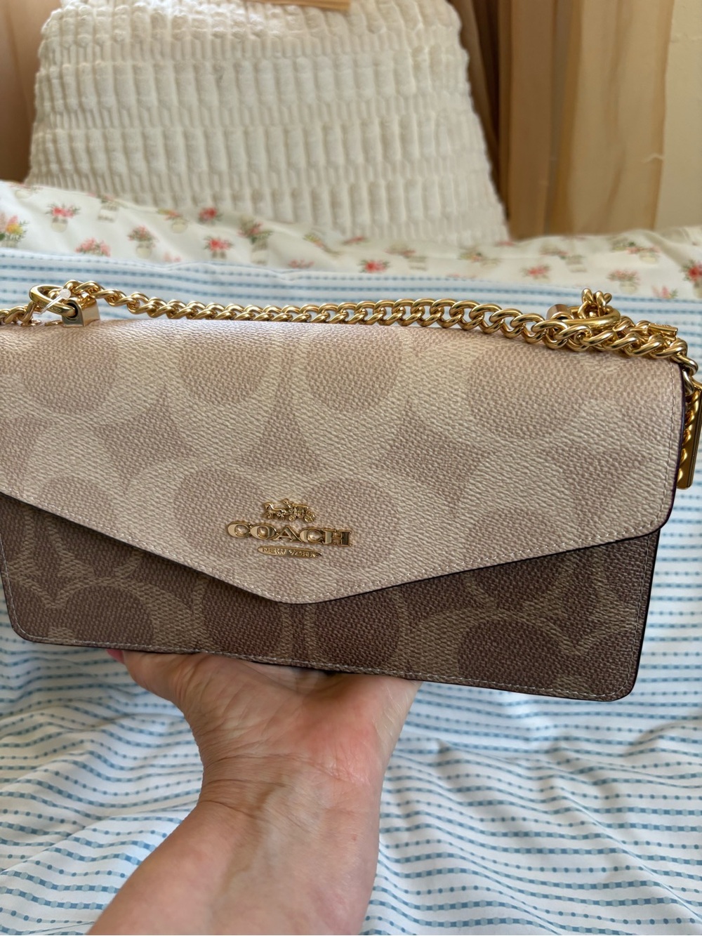 Coach Two-Tone Signature Chain Crossbody in Beige and Brown